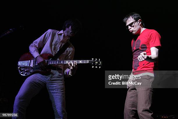 Brian Bell and Rivers Cuomo of Weezer perform at the Borgata Hotel Casino & Spa May 1, 2010 in Atlantic City, New Jersey.