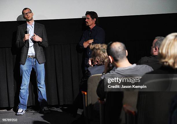 Filmmaker John Battsek and actor Josh Brolin speak at a sneak screening of ESPN Sports Film Festival Day during the 2010 Tribeca Film Festival at...