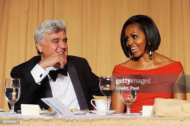 First Lady Michelle Obama and comedianJay Leno during the White House Correspondents' Association Dinner at the Washington Hilton May 1, 2010 in...