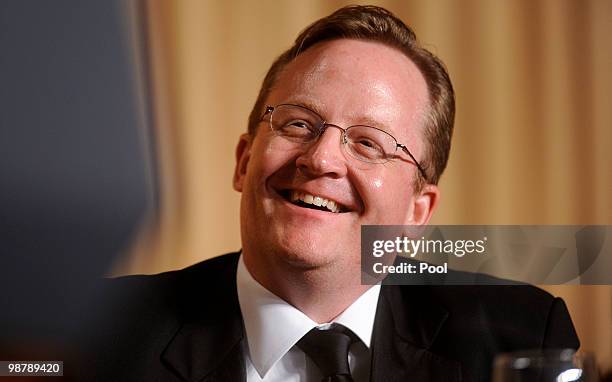 Press Secretary Robert Gibbs smiles during the White House Correspondents' Association Dinner at the Washington Hilton May 1, 2010 in Washington, DC.