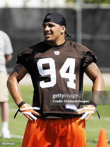 Linebacker Eryk Anders of the Cleveland Browns stretches during the team's rookie and free agent mini camp on April 30, 2010 at the Cleveland Browns...