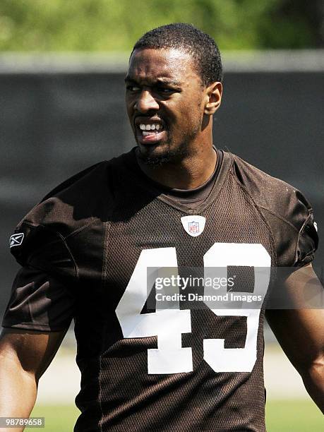 Linebacker Denzell Burrell of the Cleveland Browns watches a play during the team's rookie and free agent mini camp on April 30, 2010 at the...