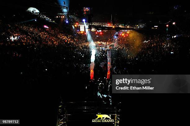 General view as Floyd Mayweather Jr. Enters the ring to fight Shane Mosley during the welterweight fight at the MGM Grand Garden Arena on May 1, 2010...