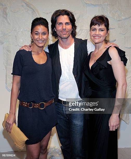 Actress Emmanuelle Chriqui, artist/designer Greg Lauren, and actress Carla Gugino attend the Los Angeles party for Alteration presented by Greg...