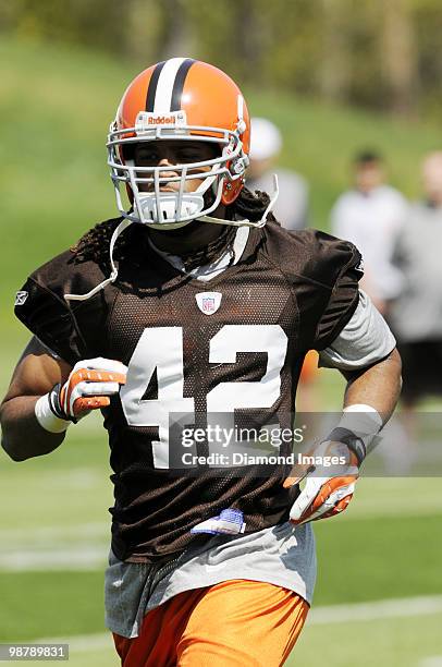 Defensive back Benjamin Burney of the Cleveland Browns runs sprints during the team's rookie and free agent mini camp on April 30, 2010 at the...