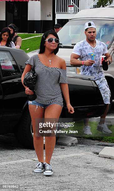 Angelina 'Jolie' Pivarnick and Vinny Guadagnio of the Jersey Shore is sighted leaving the Xtreme Indoor Karting on May 1, 2010 in Fort Lauderdale,...