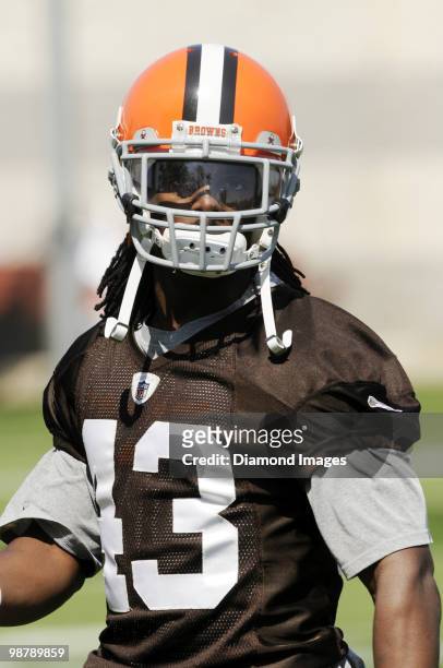 Defensive back Christian Chancellor of the Cleveland Browns watches a play during the team's rookie and free agent mini camp on April 30, 2010 at the...