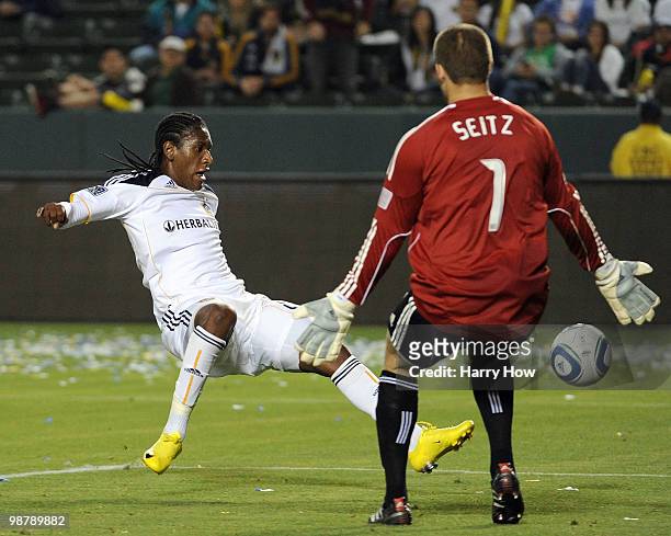 Alex Cazumba of the Los Angeles Galaxy misses a chance to score on Chris Seiz of the Philadelphia Union during the second half at the Home Depot...