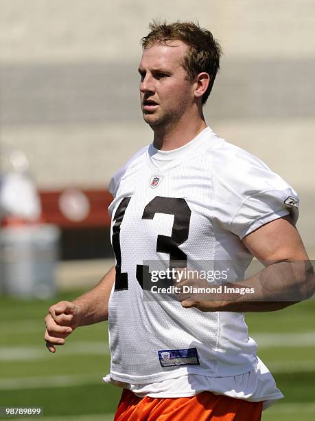 Placekicker Christopher Ulinski of the Cleveland Browns runs sprints during the team's rookie and free agent mini camp on April 30, 2010 at the...