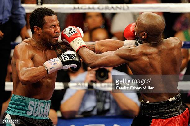 Floyd Mayweather Jr. And Shane Mosley exchange blows during the welterweight fight at the MGM Grand Garden Arena on May 1, 2010 in Las Vegas, Nevada....