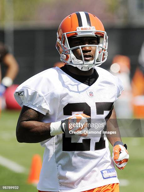 Running back Toddrick Pendland of the Cleveland Browns runs sprints during the team's rookie and free agent mini camp on April 30, 2010 at the...