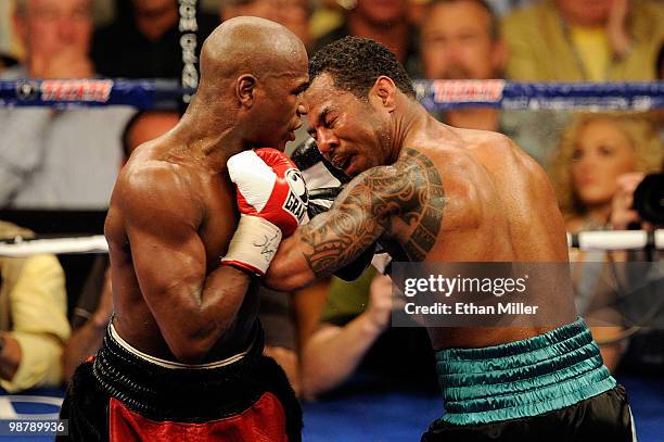 Floyd Mayweather Jr. And Shane Mosley exchange blows during the welterweight fight at the MGM Grand Garden Arena on May 1, 2010 in Las Vegas, Nevada....