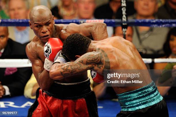 Floyd Mayweather Jr. And Shane Mosley fight during the welterweight fight at the MGM Grand Garden Arena on May 1, 2010 in Las Vegas, Nevada.