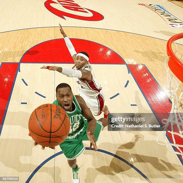 Tony Allen of the Boston Celtics shoots against Delonte West of the Cleveland Cavaliers in Game One of the Eastern Conference Semifinals during the...