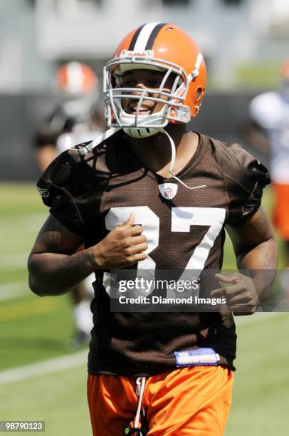 Defensive back Royce Adams of the Cleveland Browns watches a play during the team's rookie and free agent mini camp on April 30, 2010 at the...