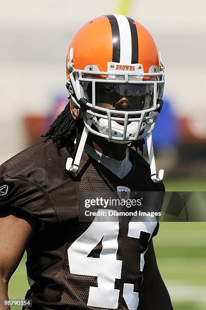 Defensive back Christian Chancellor of the Cleveland Browns watches a play during the team's rookie and free agent mini camp on April 30, 2010 at the...