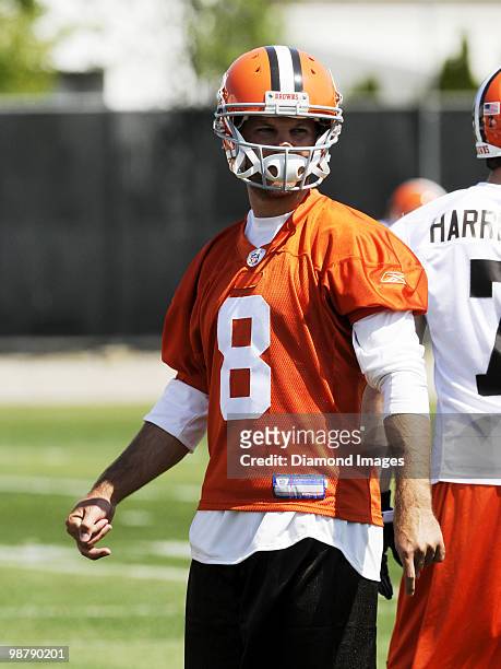 Quarterback Graham Harrell of the Cleveland Browns watches a play during the team's rookie and free agent mini camp on April 30, 2010 at the...