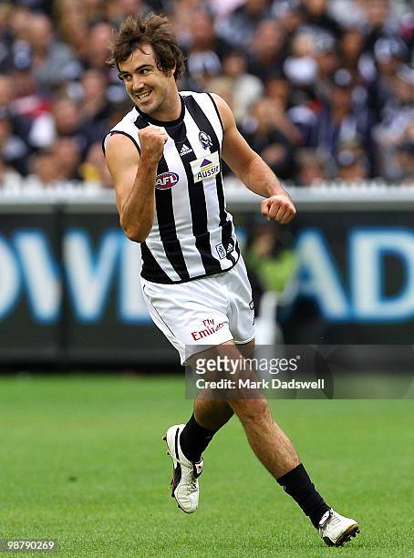 Steele Sidebottom of the Magpies celebrates a goal during the round six AFL match between the Carlton Blues and the Collingwood Magpies at Melbourne...