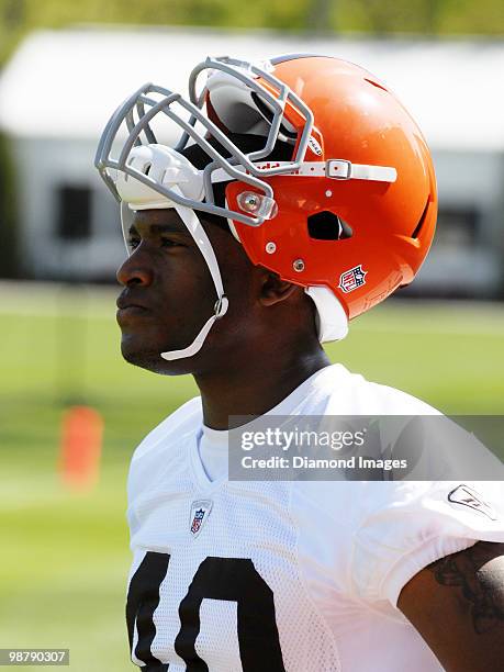 Fullback Galen Stone of the Cleveland Browns watches a play during the team's rookie and free agent mini camp on April 30, 2010 at the Cleveland...