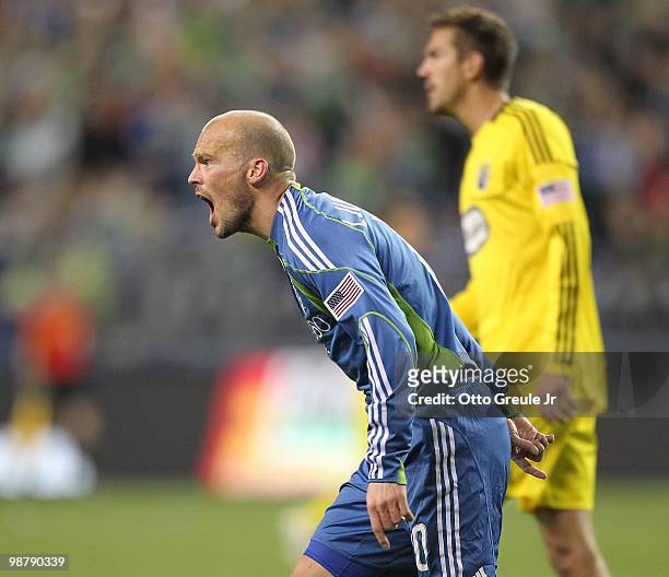 Freddie Ljungberg of the Seattle Sounders FC yells at the referee during the game against the Columbus Crew on May 1, 2010 at Qwest Field in Seattle,...