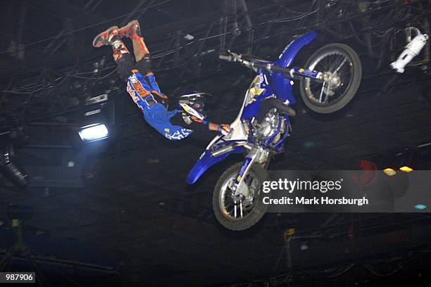 Daniel Hall thrills tonight s Brisbane crowd with one of the seemingly endless gravity-defying stunts during the first night of the Crusty World Tour...