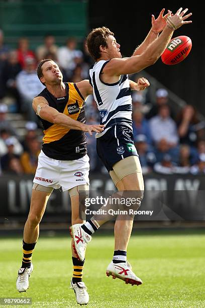 Cameron Mooney of the Cats marks infront of Will Thursfield of the Tigers during the round six AFL match between the Geelong Cats and the Richmond...