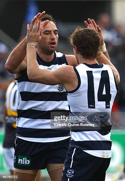 James Podsiadly and Joel Selwood of the Cats celebrate a goal during the round six AFL match between the Geelong Cats and the Richmond Tigers at...
