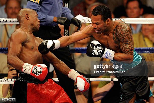 Shane Mosley throws a right to the head of Floyd Mayweather Jr. As Mayweather Jr. Dodges it during the welterweight fight at the MGM Grand Garden...