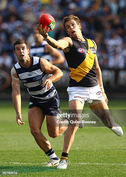 Brett Deledio of the Tigers marks during the round six AFL match between the Geelong Cats and the Richmond Tigers at Skilled Stadium on May 2, 2010...