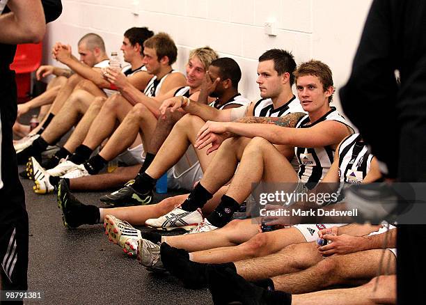 Collingwood players relax after their win in the round six AFL match between the Carlton Blues and the Collingwood Magpies at Melbourne Cricket...