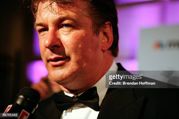 Actor Alec Baldwin talks to a reporter at the MSNBC Afterparty following the White House Correspondents' Association dinner on May 1, 2010 in...