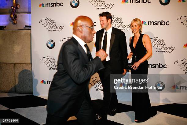 Dallas Cowboys quarterback Tony Romo and his girlfriend Candice Crawford arrive at the MSNBC Afterparty following the White House Correspondents'...