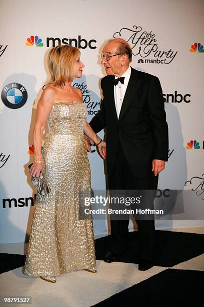 News correpsondent Andrea Mitchell arrives with her husband, former Federal Reserve chairman Alan Greenspan, at the MSNBC Afterparty following the...