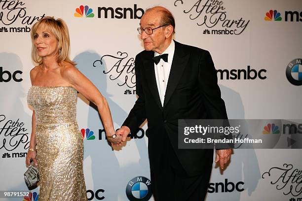 News correpsondent Andrea Mitchell arrives with her husband, former Federal Reserve chairman Alan Greenspan, at the MSNBC Afterparty following the...