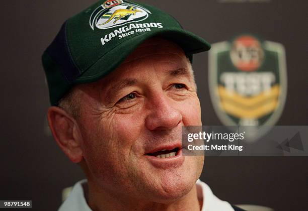 Kangaroos coach Tim Sheens speaks to the media during an Australian Kangaroos ARL team announcement at Campbelltown Sports Stadium on May 2, 2010 in...