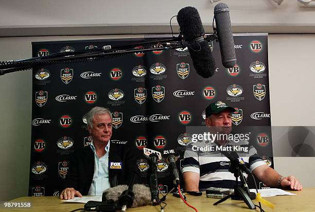 Kangaroos coach Tim Sheens and ARL Chairman Colin Love speak to the media during an Australian Kangaroos ARL team announcement at Campbelltown Sports...