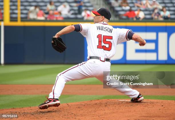 Tim Hudson of the Atlanta Braves pitches against the Houston Astros at Turner Field on May 1, 2010 in Atlanta, Georgia. The Braves defeated the...