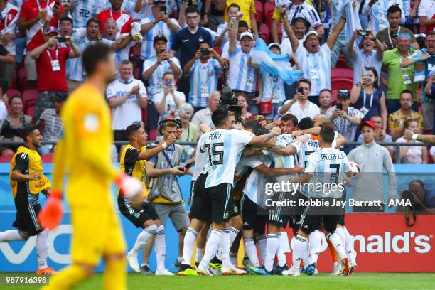 Gabriel Mercado of Argentina celebrates scoring a goal to make it 1-2 during the 2018 FIFA World Cup Russia Round of 16 match between France and...