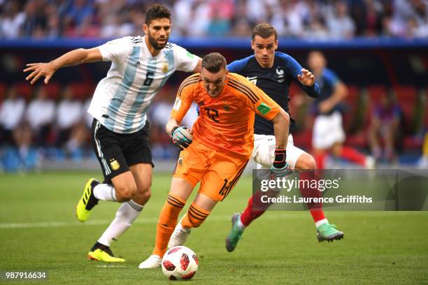 Franco Armani of Argentina runs off the ball during the 2018 FIFA World Cup Russia Round of 16 match between France and Argentina at Kazan Arena on...