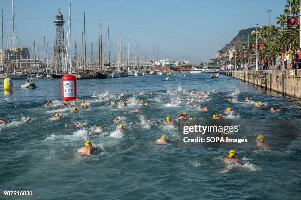 Group of swimmers are seen during the 91A crossing of the port of Barcelona. The 91A across the port of Barcelona involves different sports club in...
