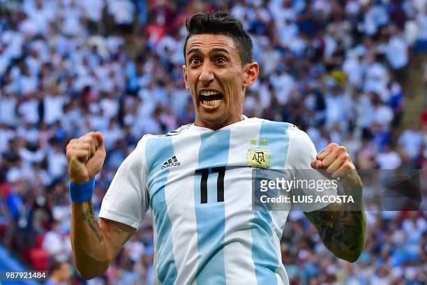 Argentina's forward Angel Di Maria celebrates a goal during the Russia 2018 World Cup round of 16 football match between France and Argentina at the...