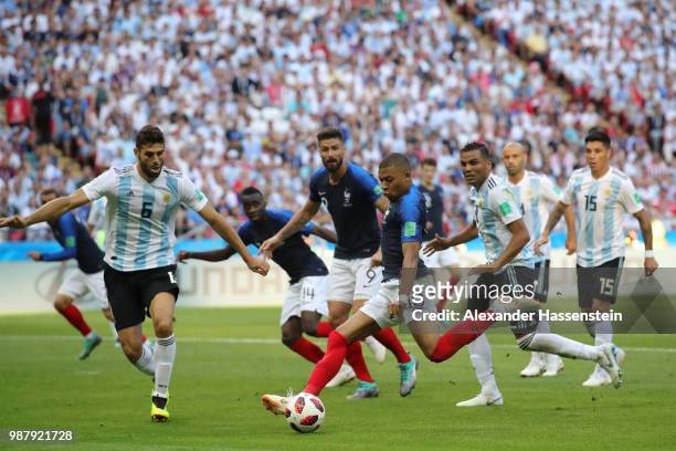 Kylian Mbappe of France scores his team's third goal during the 2018 FIFA World Cup Russia Round of 16 match between France and Argentina at Kazan...