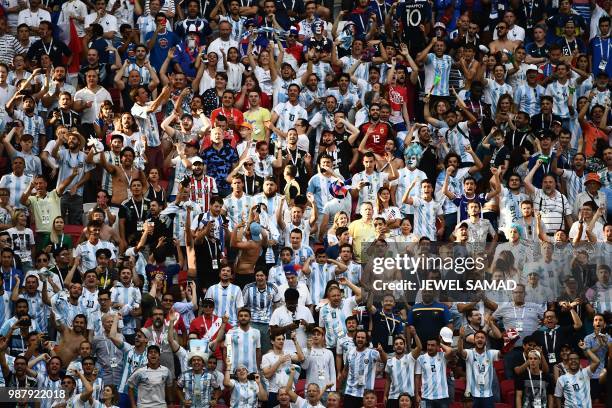 Argentina fans cheer during the Russia 2018 World Cup round of 16 football match between France and Argentina at the Kazan Arena in Kazan on June 30,...