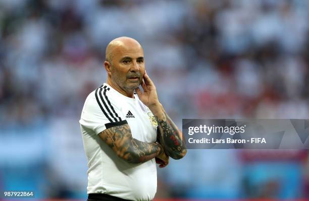 Jorge Sampaoli, Head coach of of Argentina looks dejected during the 2018 FIFA World Cup Russia Round of 16 match between France and Argentina at...