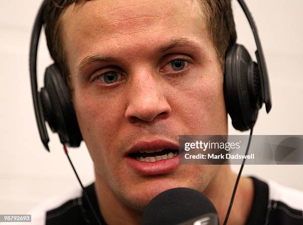 Luke Ball of the Magpies is interviewed by radio after Collingwoods win in the round six AFL match between the Carlton Blues and the Collingwood...