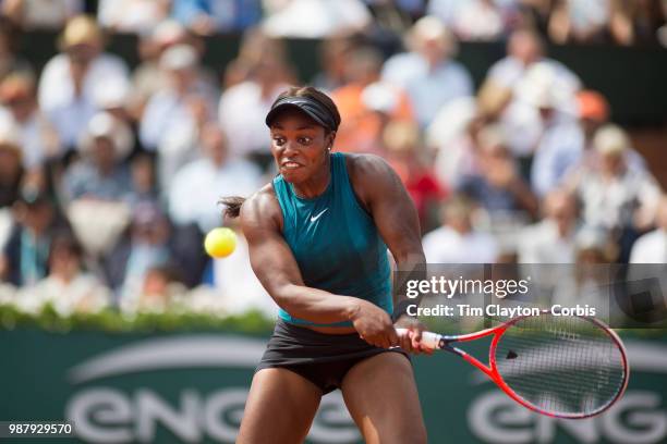 June 9. French Open Tennis Tournament - Day Twelve. Sloane Stephens of the United States in action against Simona Halep of Romania on Court...