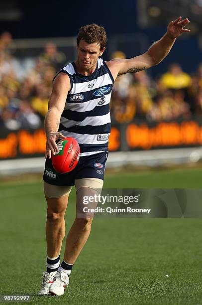 Cameron Mooney of the Cats kicks during the round six AFL match between the Geelong Cats and the Richmond Tigers at Skilled Stadium on May 2, 2010 in...