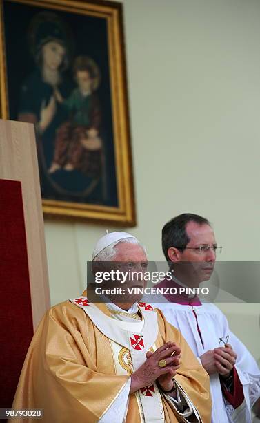 Pope Benedict XVI celebrates a mass at San Carlo square in central Turin on May 2, 2010. Pope Benedict XVI will bow before the Shroud of Turin, the...