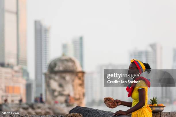 An Afro-Colombian girl, dressed in the traditional palenquera costume, waits for tourists on the stone walls on December 11, 2017 in Cartagena,...