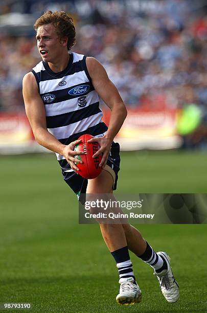 Mitch Duncan of the Cats kicks during the round six AFL match between the Geelong Cats and the Richmond Tigers at Skilled Stadium on May 2, 2010 in...